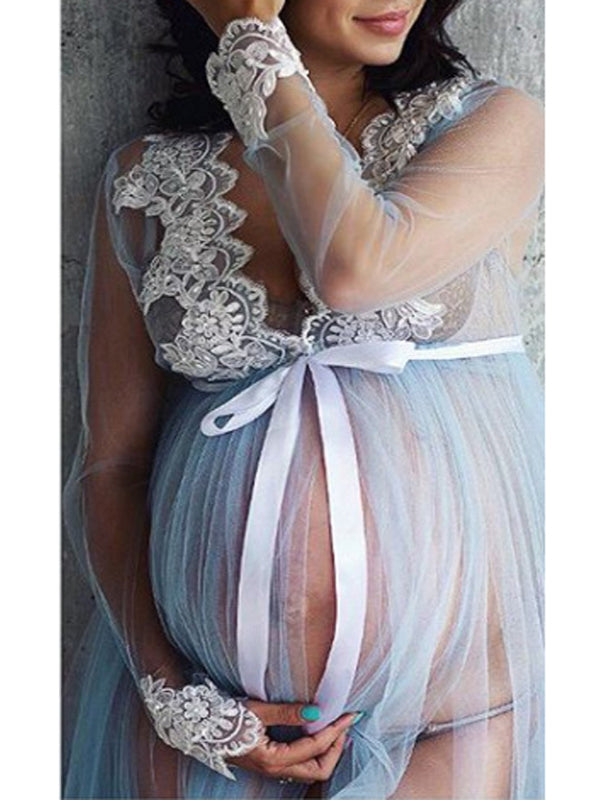 Beaumama robe longues grossesse dentelle grenade noeud papillon fendu shooting photo