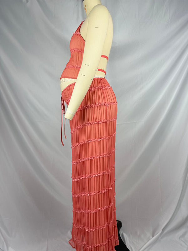 Beaumama robe longue grossesse chic vacances 2 pièces plissé dos nu rose femme enceinte