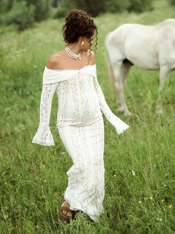 Beaumama robe shooting longue grossesse photo dentelle moulante col bateau manches longues élégant femme enceinte