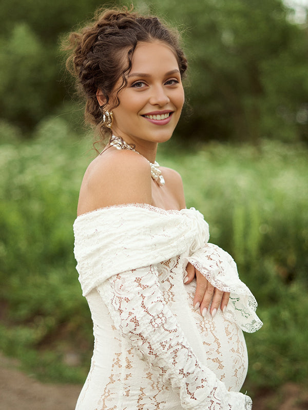 Beaumama robe shooting longue grossesse photo dentelle moulante col bateau manches longues élégant femme enceinte