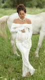 Beaumama robe shooting longue grossesse photo dentelle moulante col bateau manches longues élégant femme enceinte
