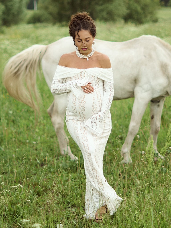 Beaumama robe shooting longue grossesse photo dentelle moulante col bateau manches longues élégant femme enceinte