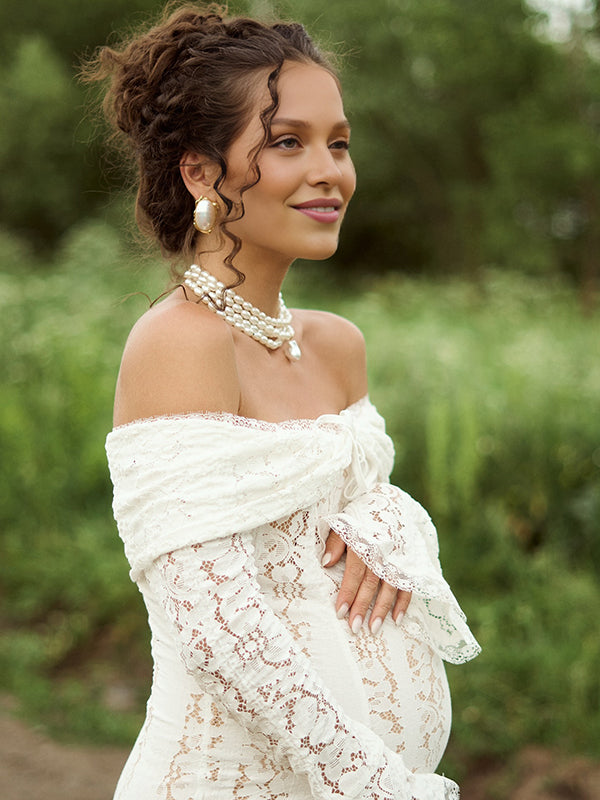 Beaumama robe shooting longue grossesse photo dentelle moulante col bateau manches longues élégant femme enceinte
