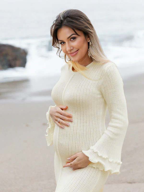 Beaumama robe shooting longue grossesse vacances crochet tricot volants dos nu fluide femme enceinte