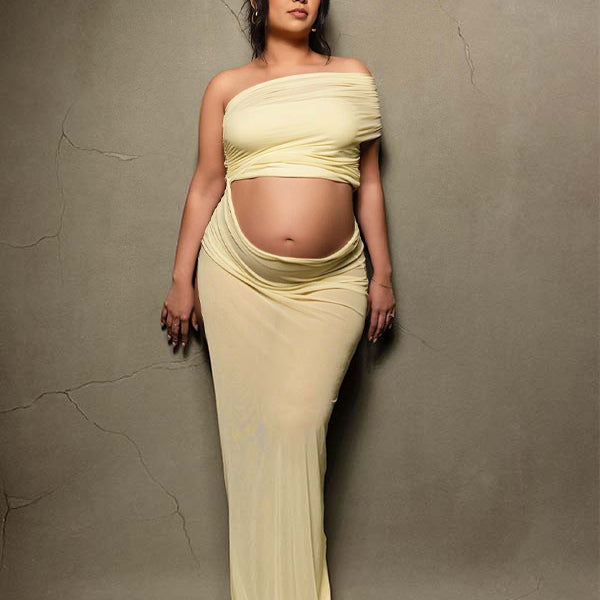 Beaumama robes photo longue grossesse chic tulle irrégulier fendu le côté épaule asymétrique femme enceinte