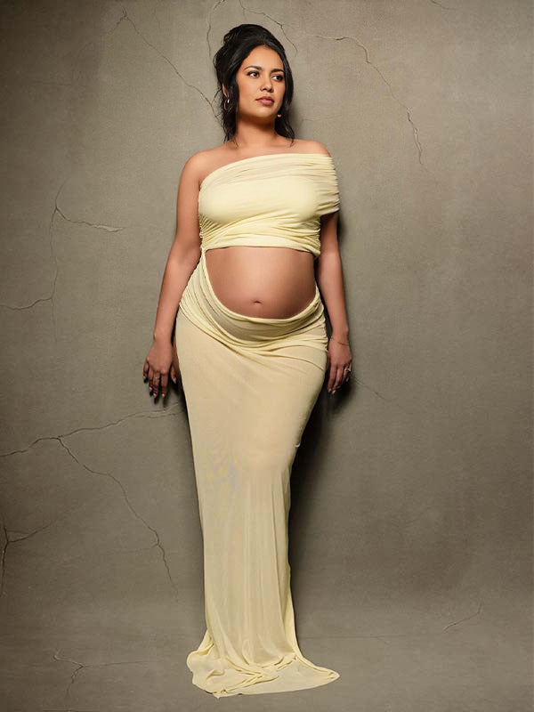 Beaumama robes photo longue grossesse chic tulle irrégulier fendu le côté épaule asymétrique femme enceinte