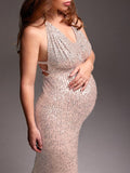Beaumama robes photo longue grossesse élégant moulante brillante paillette croisé dos fendu le côté femme enceinte