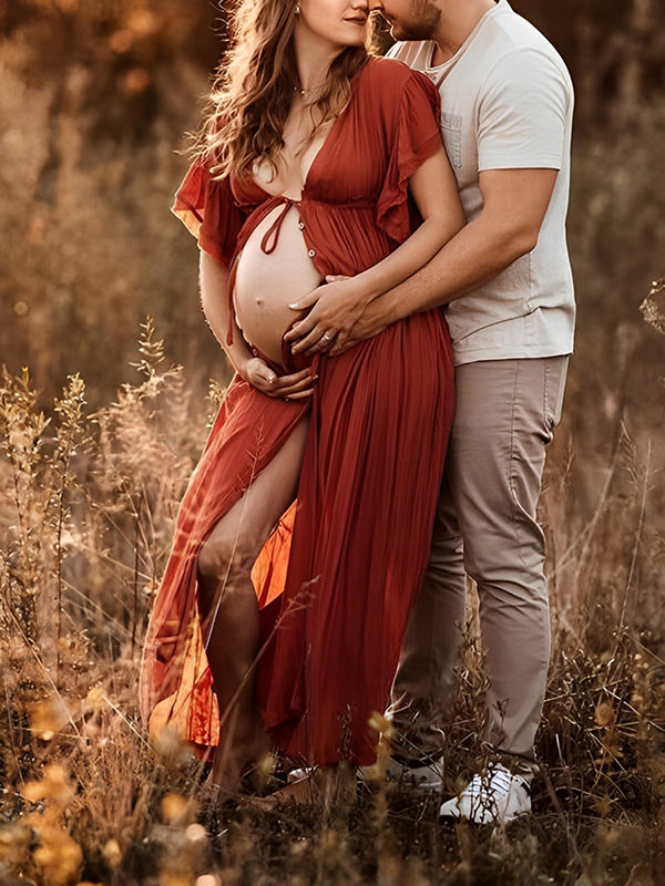 Beaumama robes longue grossese enceinte shooting volants coulisse taille boutonnage femme enceinte