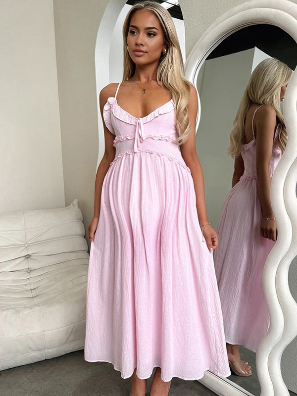 Robe longue grossesse ruchés froncées fluide spaghettiträger rose