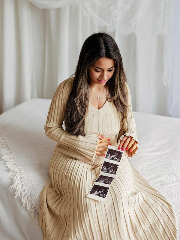 Beaumama robe shooting longue grossesse vacances crochet tricot rayé trapèze femme enceinte