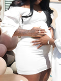 Beaumama robes courte grossesse cocktail élégant manchon de lanterne moulante col bateau baby shower femme enceinte