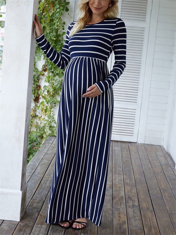 Beaumama robes longue grossesse rayé col rond robes manches longues femme enceinte