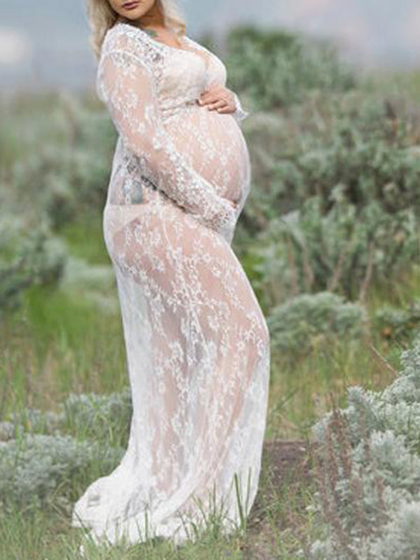 Beaumama photo baby shower robe longue grossesse dentelle v-cou manches longues femme enceinte