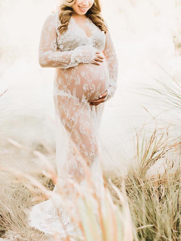 Beaumama photo baby shower robe longue grossesse dentelle v-cou manches longues femme enceinte