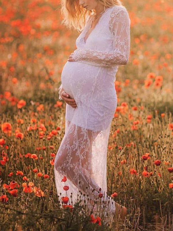 Beaumama photo baby shower robe longue grossesse dentelle v-cou manches longues femme enceinte