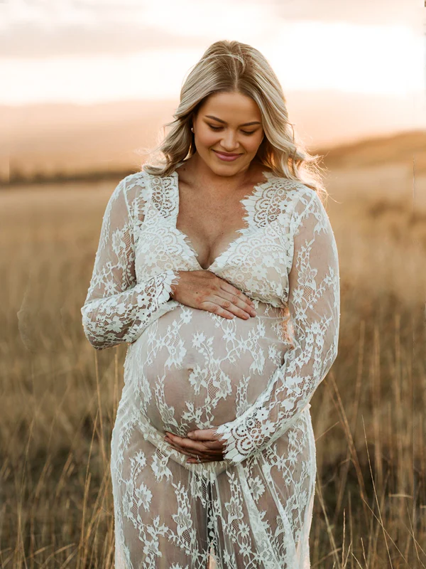 Beaumama robe longue de grossesse transparente dentelle shooting seance photo femme enceinte