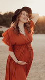 Beaumama robes photo longue grossesse élégant volants coulisse taille boutonnage femme enceinte rouille