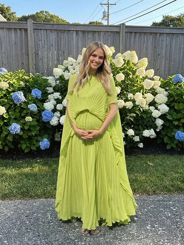 Beaumama robe longue grossesse chic soirée plissé fluide dos nu vert clair femme enceinte