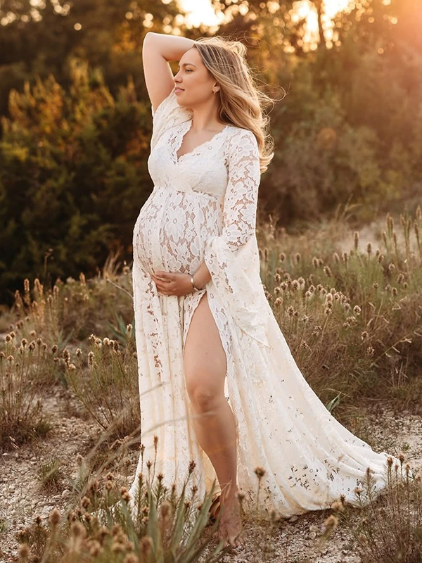 Beaumama robes photo longue grossesse élégant enceinte shooting fendu le côté dentelle queue femme enceinte