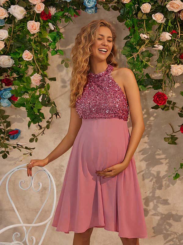 Beaumama robes courte grossesse brillante paillette dos nu licou élégant femme enceinte