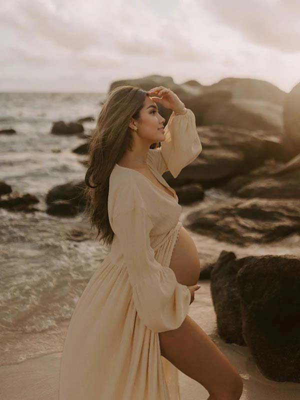 Beaumama robes longue grossesse bohème enceinte shooting boutonnage fente avant fluide femme enceinte