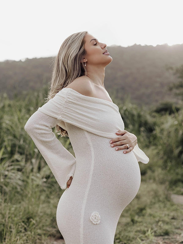 Beaumama robes longue grossesse applique fleur tricot col bateau manches trompette élégant femme enceinte