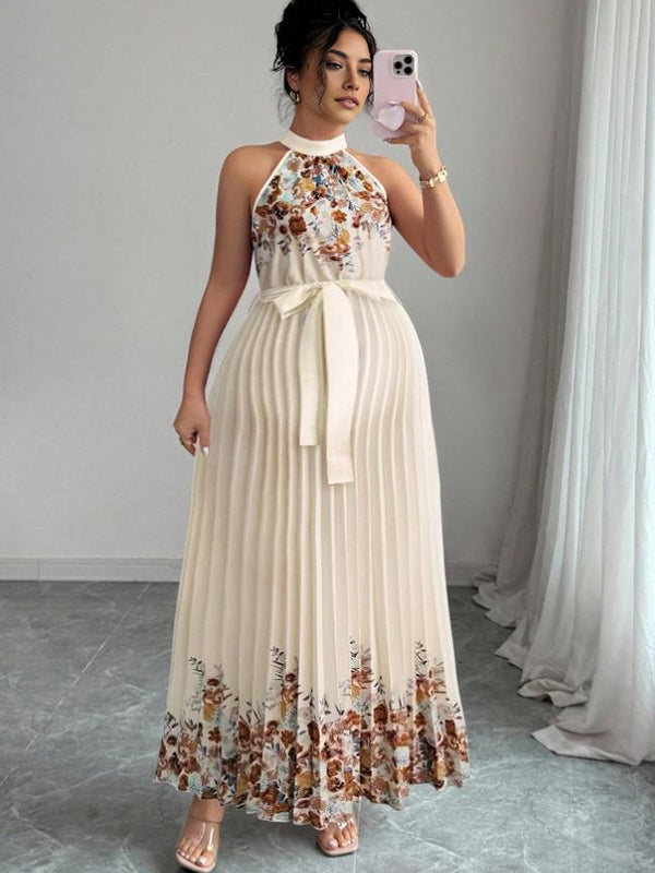 Beaumama robe longue grossesse vacances imprimé fleurie ceinture plissé licou femme enceinte