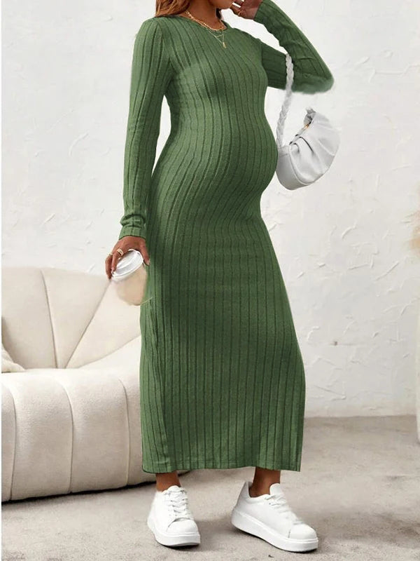 Beaumama robe longue grossesse casual chic fendu le côté moulante rayé femme enceinte