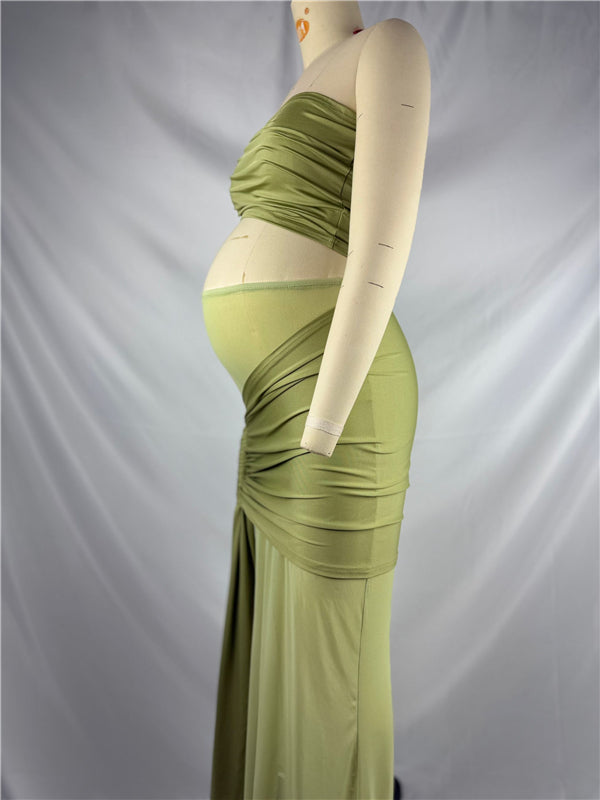 Beaumama robes photo longue grossesse élégant chic irrégulier tulle épissage cropped épaule asymétrique femme enceinte