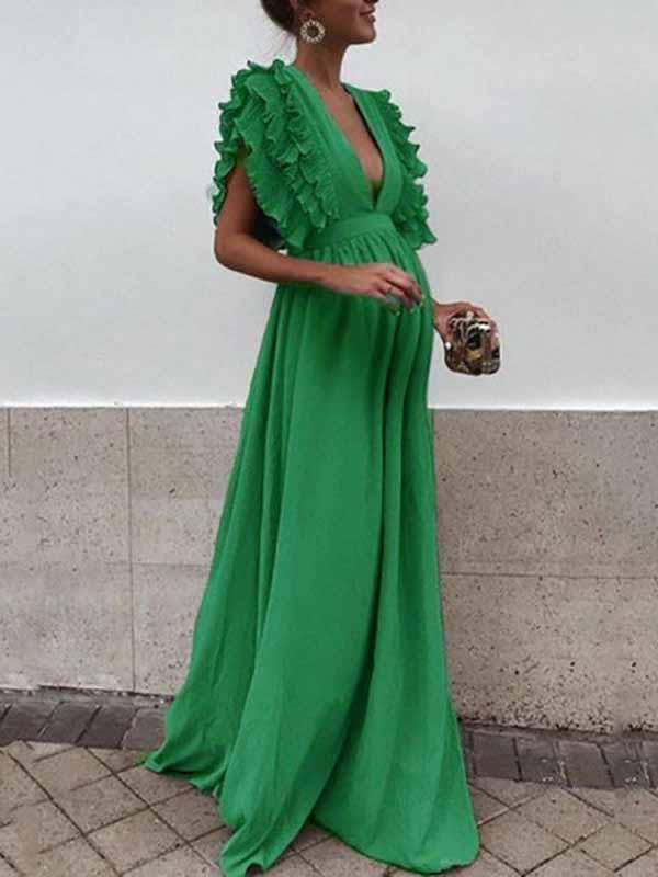 Beaumama robe longue de grossesse dos nu fluide volantée V-cou soirée femme enceinte