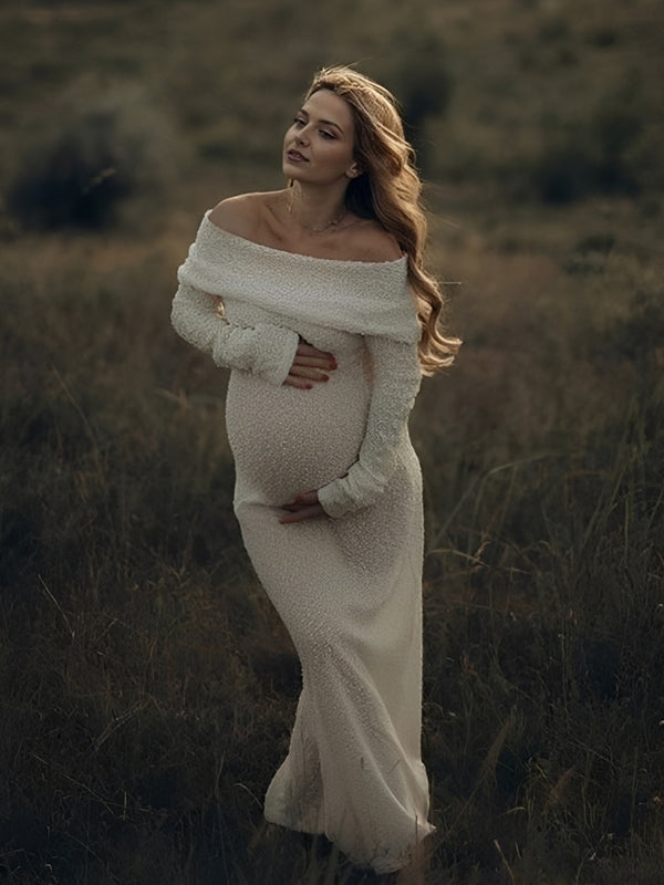 Beaumama robe longue grossesse babyshower shooting chic crochet tricot épaule dénudée cérémonie femme enceinte