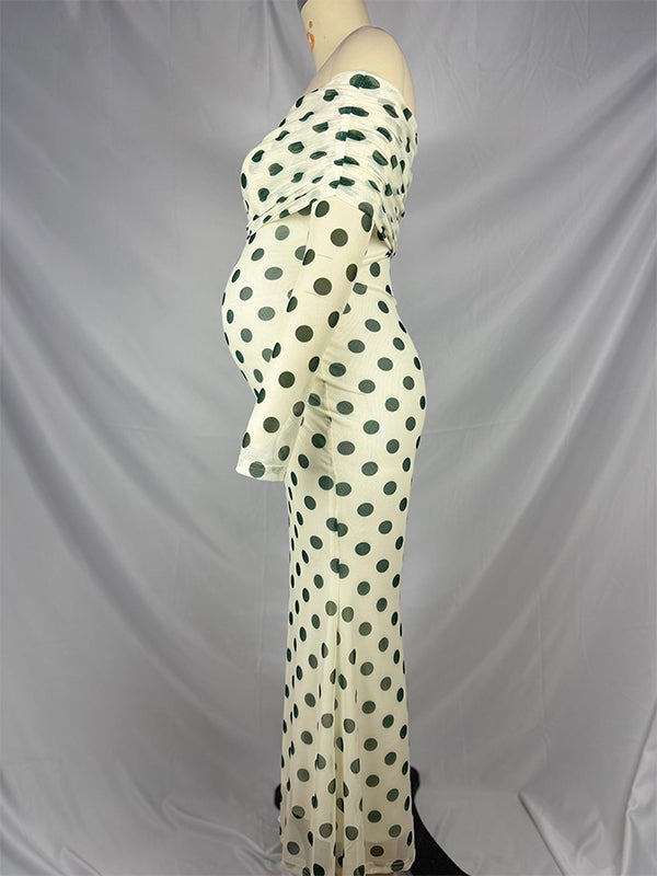 Robe longue grossesse pois épaule dénudée moulante blanche