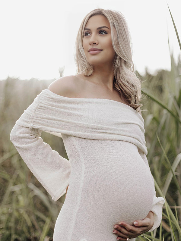 Beaumama robes longue grossesse applique fleur tricot col bateau manches trompette élégant femme enceinte