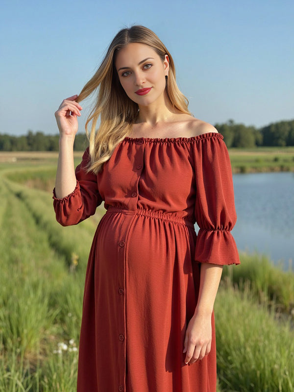 Beaumama robes longue grossesse enceinte shooting volants boutonnage fente avant queue bohème femme enceinte