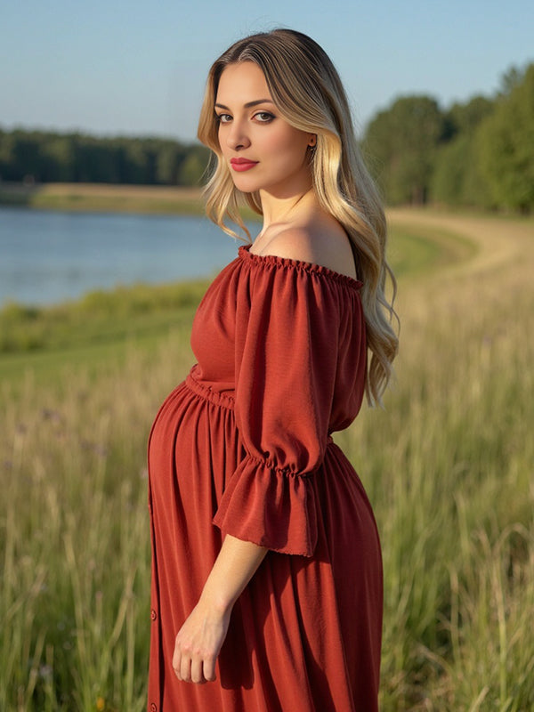 Beaumama robes longue grossesse enceinte shooting volants boutonnage fente avant queue bohème femme enceinte