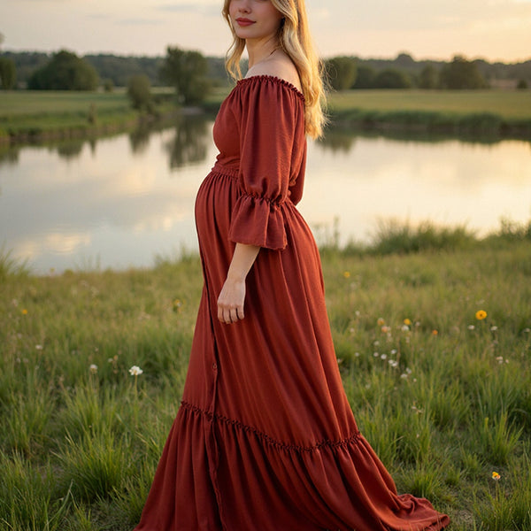 Beaumama robes longue grossesse enceinte shooting volants boutonnage fente avant queue bohème femme enceinte