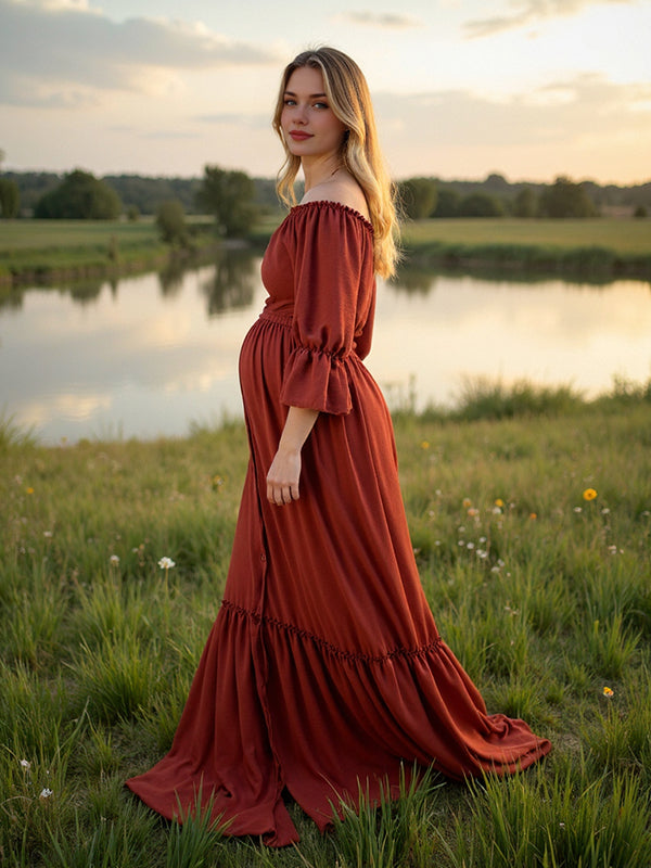 Beaumama robes longue grossesse enceinte shooting volants boutonnage fente avant queue bohème femme enceinte