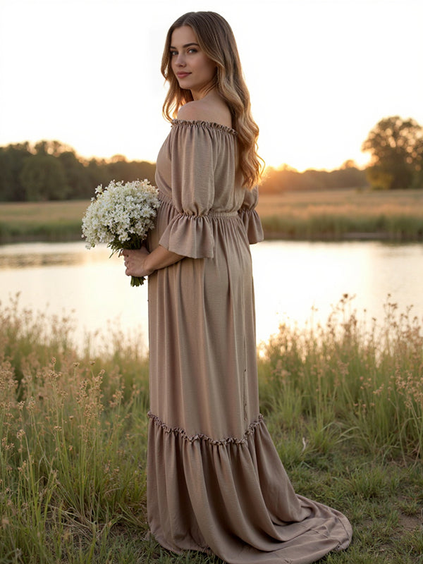 Beaumama robes longue grossesse enceinte shooting volants boutonnage fente avant queue bohème femme enceinte