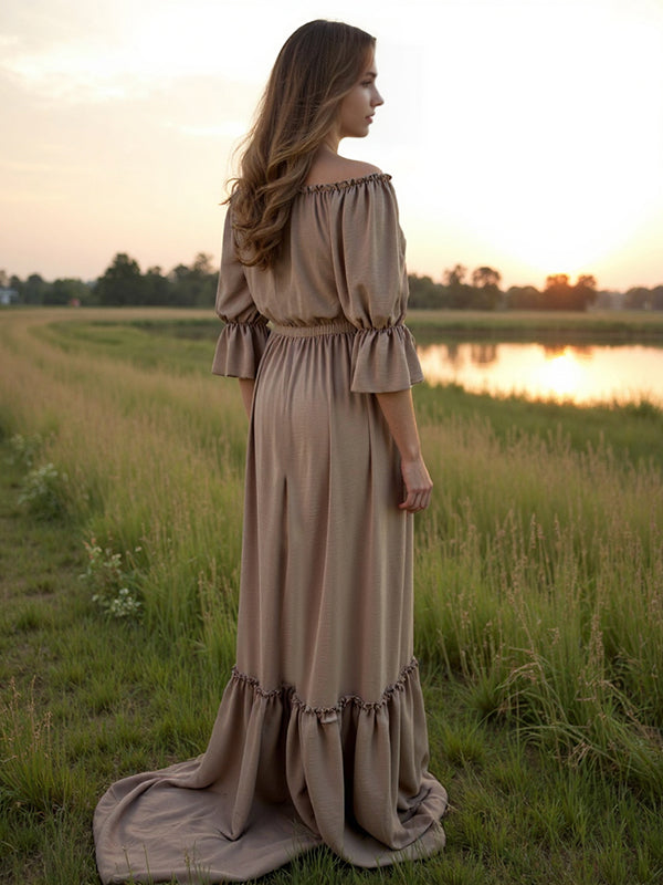 Beaumama robes longue grossesse enceinte shooting volants boutonnage fente avant queue bohème femme enceinte