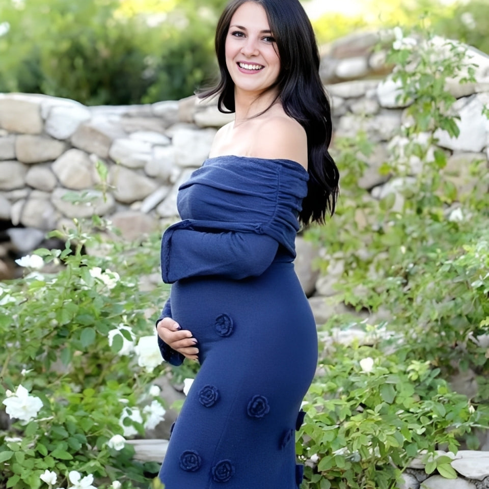 Beaumama robe longue grossesse shooting élégant crochet tricot fleurie moulante col bateau cérémonie femme enceinte