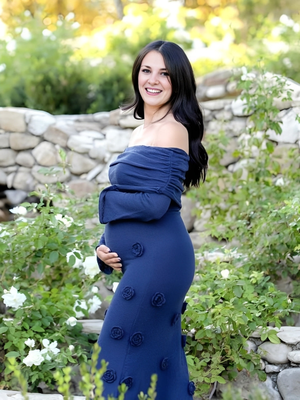 Beaumama robe longue grossesse shooting élégant crochet tricot fleurie moulante col bateau cérémonie femme enceinte