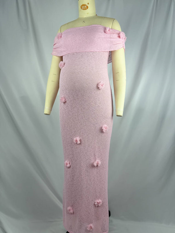 Beaumama robe longue grossesse cérémonie chic babyshower épaule dénudée tulle 3D fleurie photo moulante femme enceinte