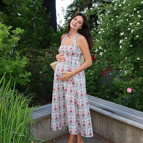 Beaumama robe longue grossesse imprimé nœud papillon dos nu fleurie femme enceinte blanche