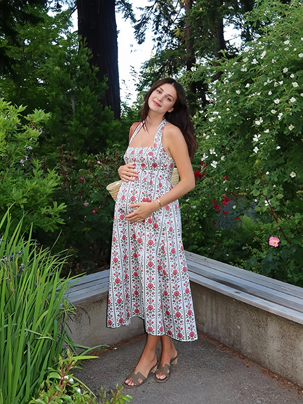 Beaumama robe longue grossesse imprimé nœud papillon dos nu fleurie femme enceinte blanche