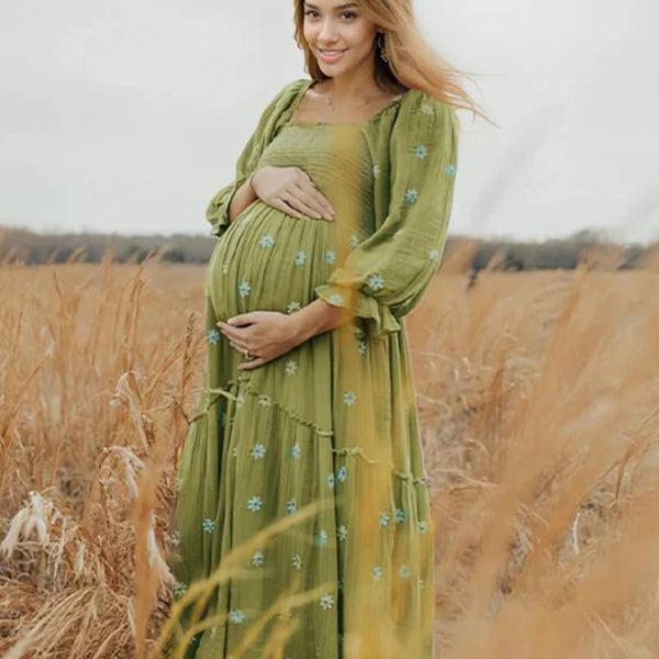 Beaumama robes photo longue grossesse bohème broderie imprimé marguerite volants fluide femme enceinte