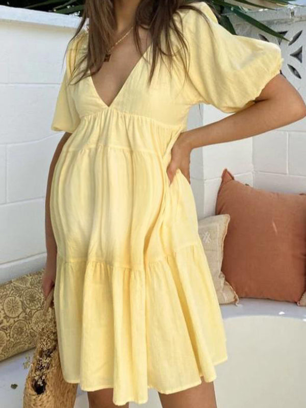 Beaumama robe courte grossesse volants trapèze jaune