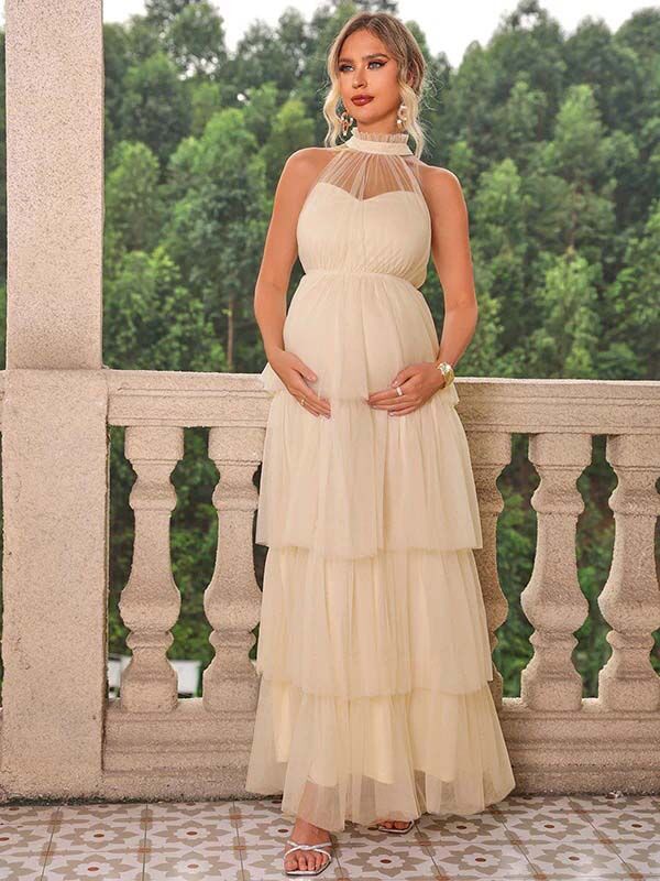 Robe longue grossesse bouffante tutu froufrou abricot