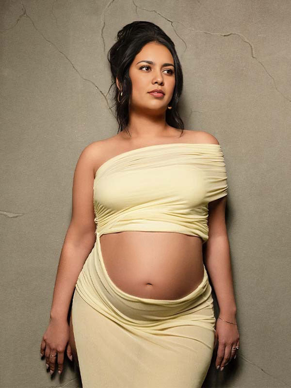 Beaumama robes photo longue grossesse chic tulle irrégulier fendu le côté épaule asymétrique femme enceinte