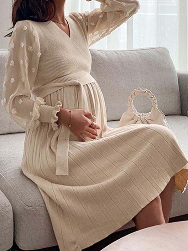 Beaumama robes pulls mi-longue grossesse allaitement pois plissé tulle manches longues femme enceinte