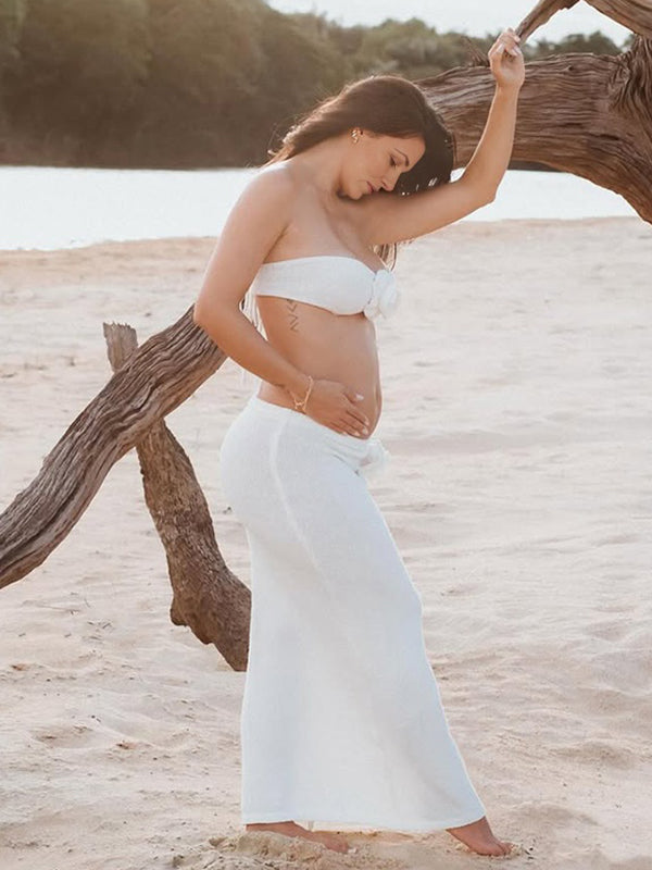 Beaumama robes photo longue grossesse bohème crochet tricot 3D fleurie costume deux pièces femme enceinte